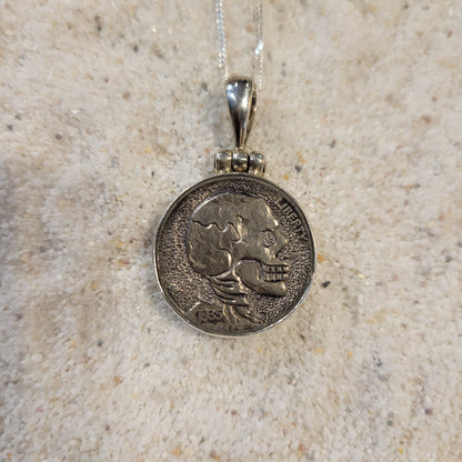 Sterling Carved Indian Skeleton Buffalo Nickel Necklace