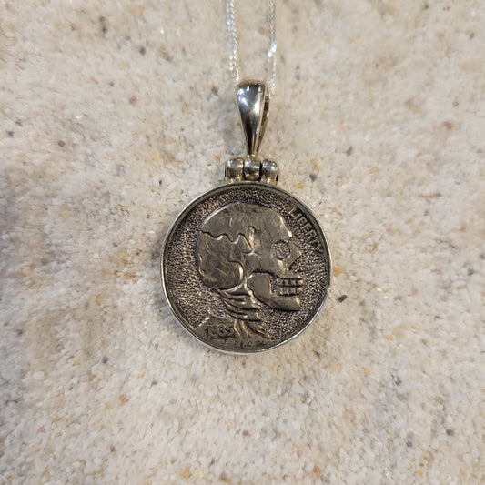 Sterling Carved Indian Skeleton Buffalo Nickel Necklace