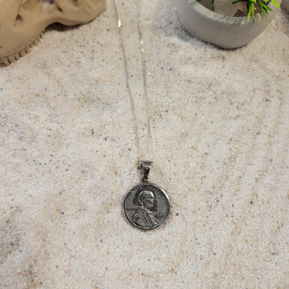 Sterling Carved Skeleton Silver Penny Necklace
