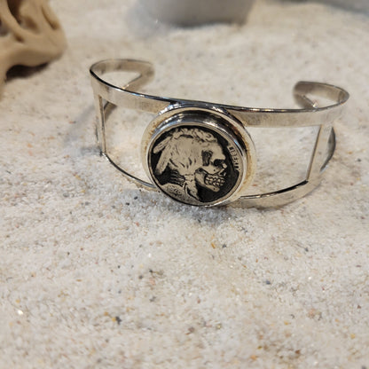 Sterling Carved Indian Skeleton Buffalo Nickel Cuff