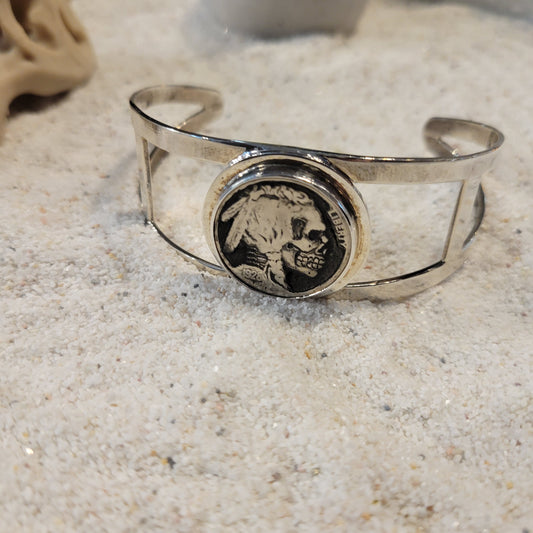 Sterling Carved Indian Skeleton Buffalo Nickel Cuff